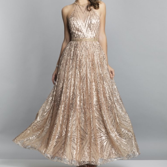 Dave & Johnny Dresses & Skirts - Rose Gold Halter Sequin Long Prom Dress size 3/4
